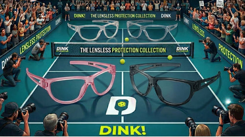 Advertisement for Dink Eyewear lensless protection collection on a Pickleball court with spectators.