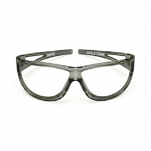 Clear safety goggles with black frames on a white background